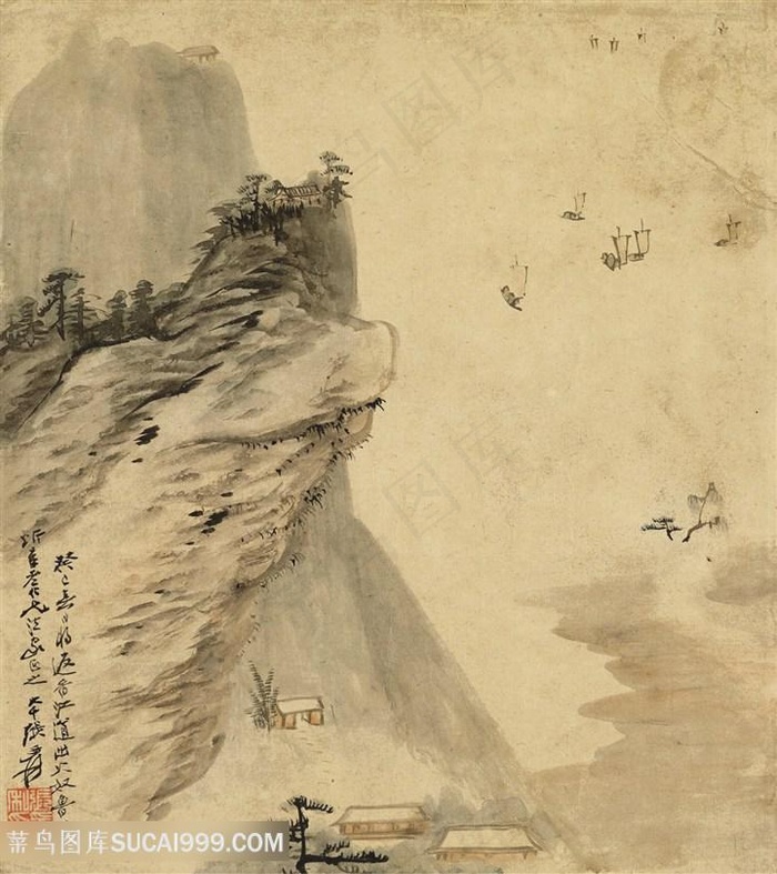 张大千手绘水墨国画山脉山崖装饰画