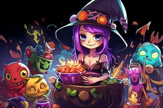 万圣节女巫鬼怪捣蛋南瓜灯恐怖紫色插画素材背景