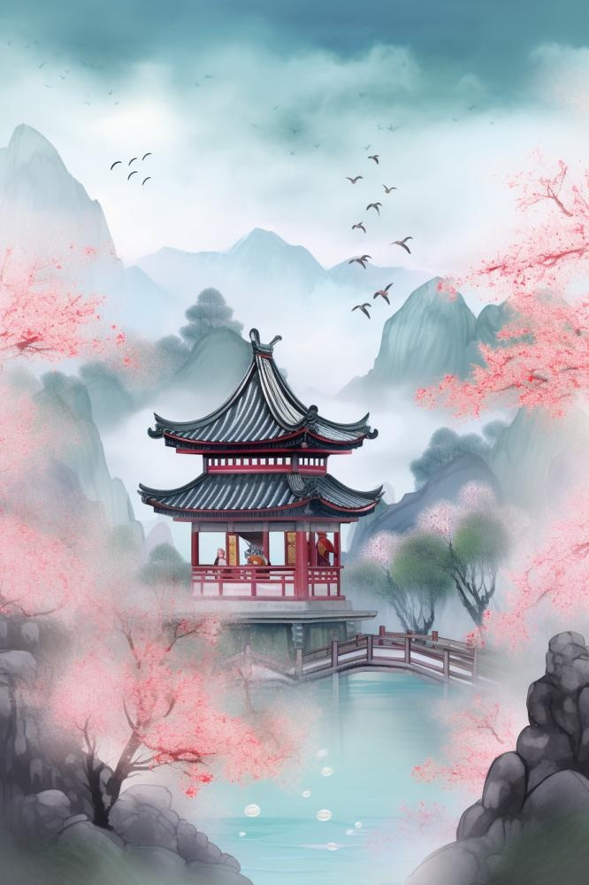 浪漫古风山水风景插画背景(896x1344)