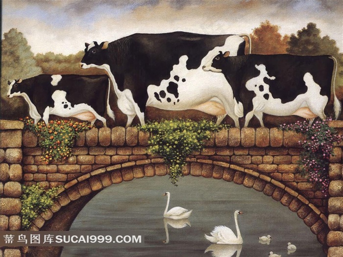 Lowell Herrero过桥的奶牛白鹅绘画作品