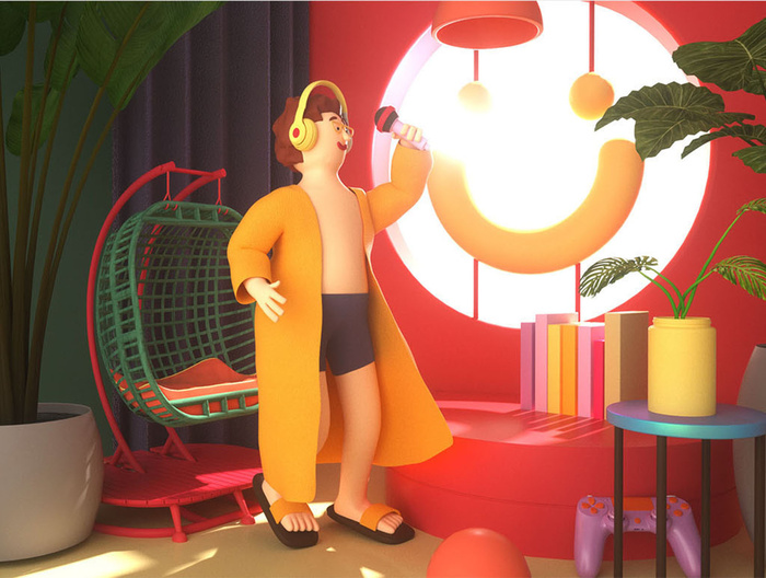 糖果色卡通家居风格欢唱主题C4D创意场景