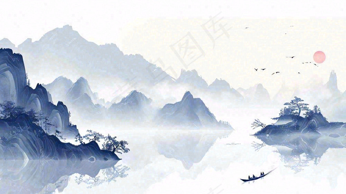 山水画简约白色河面插画手绘，中国风古风(1456x816)