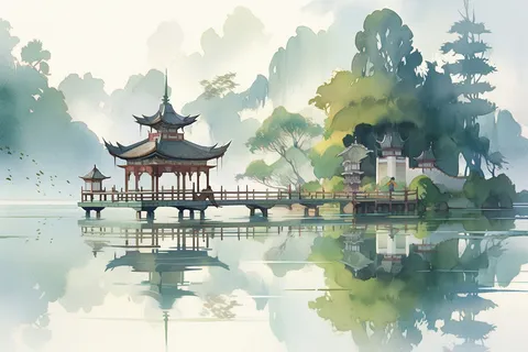 杭州西湖风景水彩凉亭流水树木远景插画 杭州西湖风景水彩凉亭流水树木远景插画