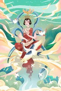 复古中国风国潮神话人物敦煌插画仙女手绘海报背景PSD设计素材