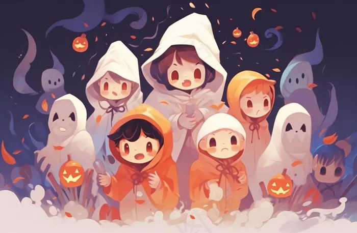 万圣节可爱搞怪小孩幽灵卡通插画素材(1344x880)
