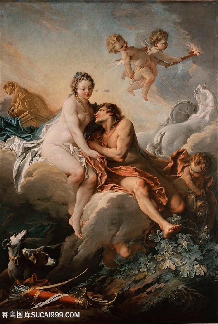 布歇油画石头情侣天使风景画