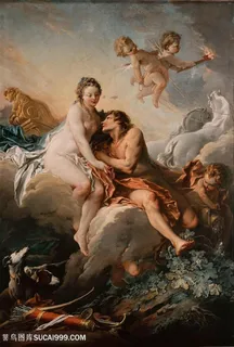 布歇油画石头情侣天使风景画