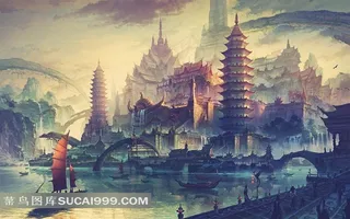 古中国风格的帆船宝塔城堡场景绘画图片素材