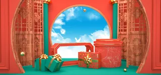 中国风国潮电商促销首页海报C4D背景图3D场景立体设计PSD素材模板