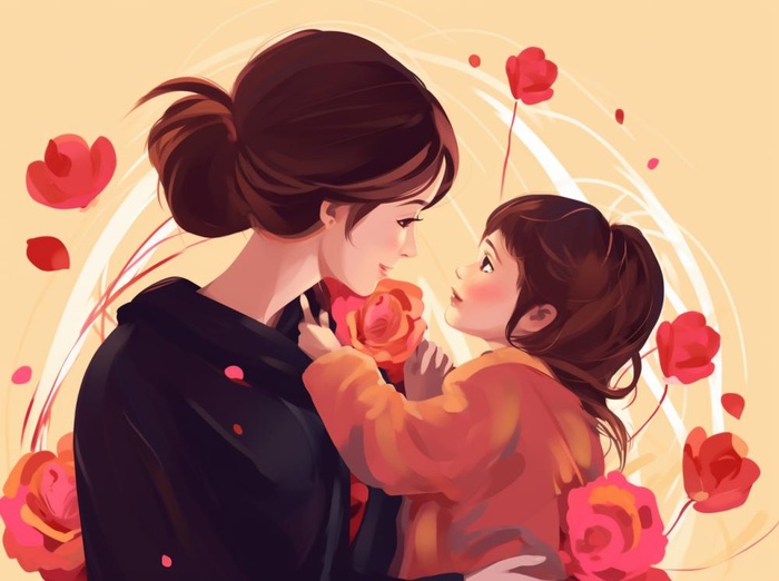 母亲节妈妈拥抱着孩子花海手绘插画素材海报背景(1264x944)