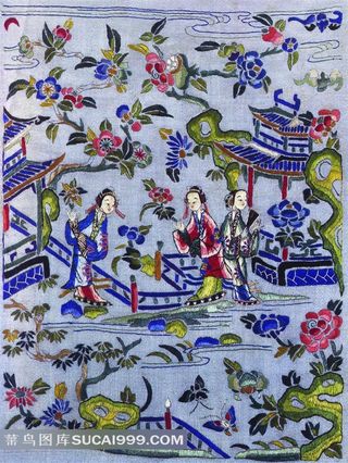 古典仕女游园图案刺绣