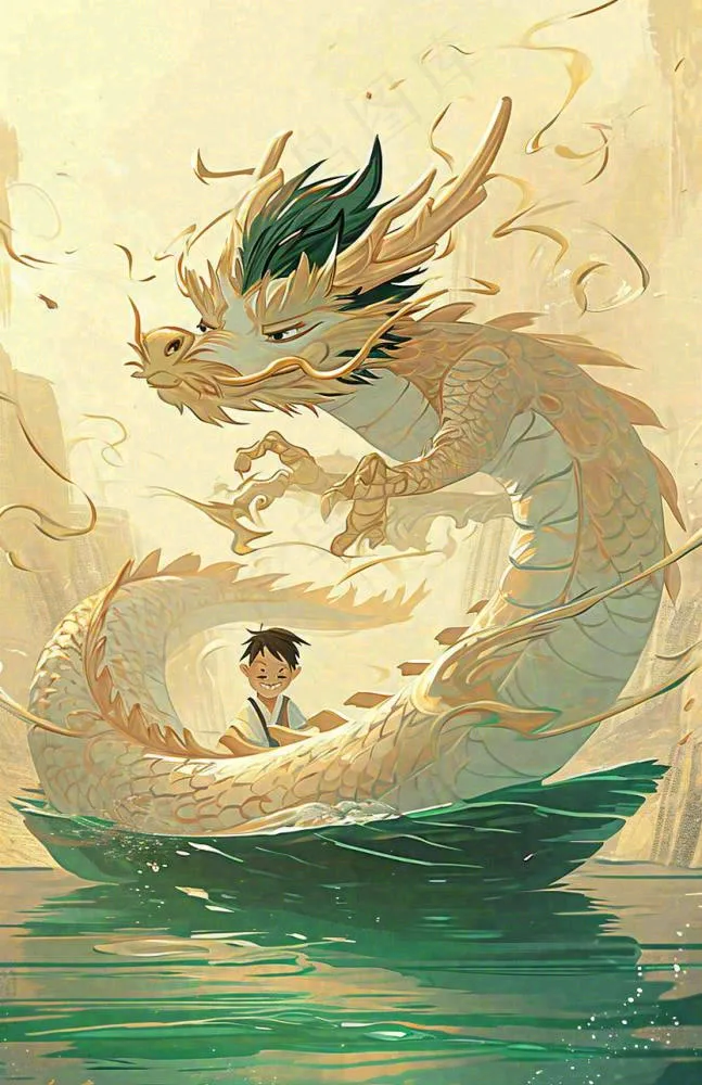 国风龙神话传说海面船只中国风插画(832x1285)