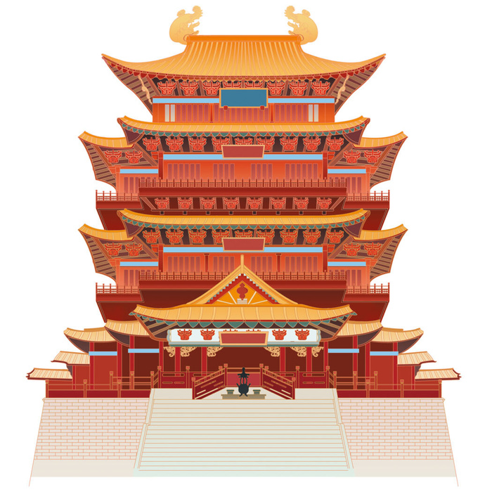 复古中国风国潮古建筑插画手绘高楼古塔PSD素材亭子png免抠图