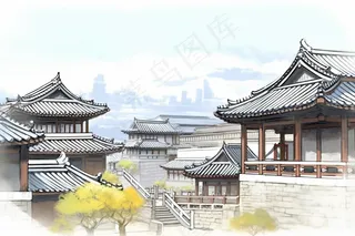 中国古代建筑园林阁楼中国风插画