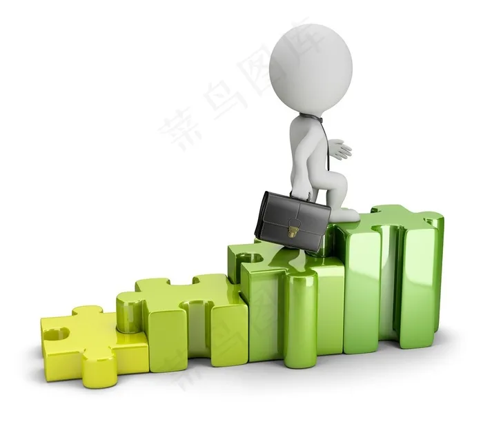 提着皮包走上梯形积木的白色小人高清图片