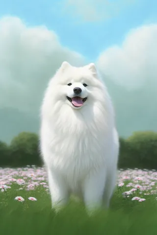 白色萨摩耶宠物狗在草坪花丛玩耍开心背景