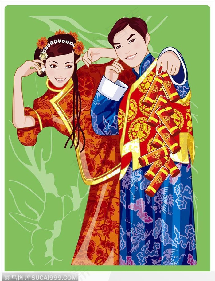 放鞭炮的夫妻-唐装