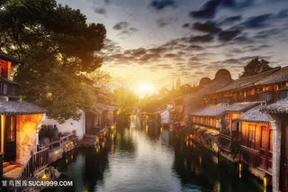 乌镇日落晚霞美景风景