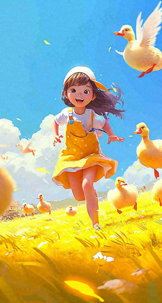 儿童节可爱鸭子奔跑，蓝天白云草地童真玩耍，清新插画(800x1488)