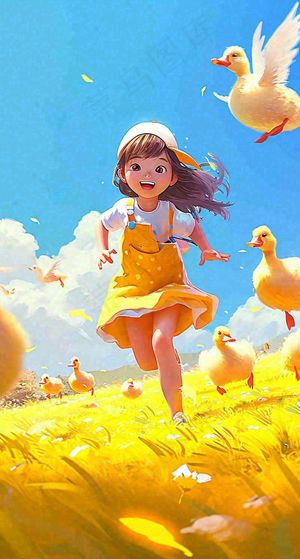 儿童节可爱鸭子奔跑，蓝天白云草地童真玩耍，清新插画