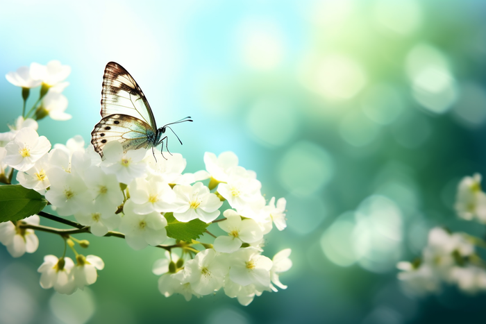 a butterfly sitting on top of a white flower, a picture by Han Gan, trending on pixabay, romanticism, flowers and butterflies, spring time, beautiful lightness 