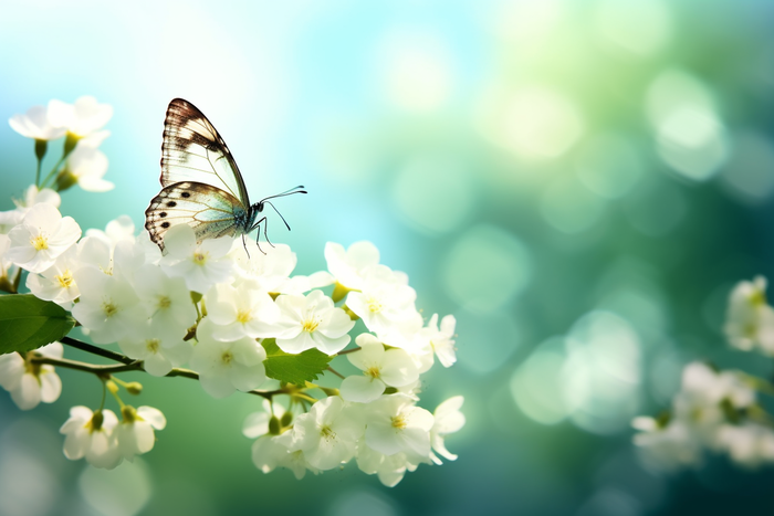 a butterfly sitting on top of a white flower, a picture by Han Gan, trending on pixabay, romanticism, flowers and butterflies, spring time, beautiful lightness (4032x2688)