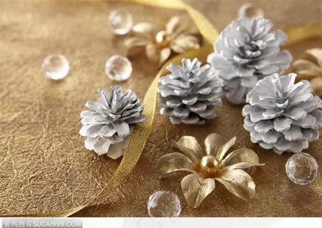 圣诞节素材--珠花和白色的松子