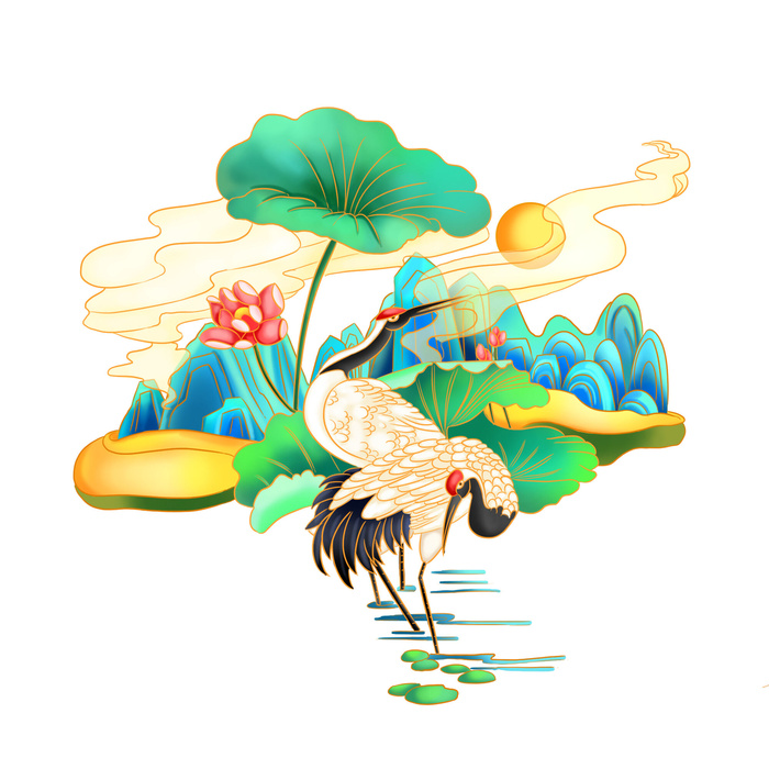 中国风国潮仙鹤山水插画手绘元素场景PSD设计素材