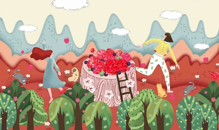 水果季 树莓 树莓熟了 草莓 果树 山 手绘插画山 美女