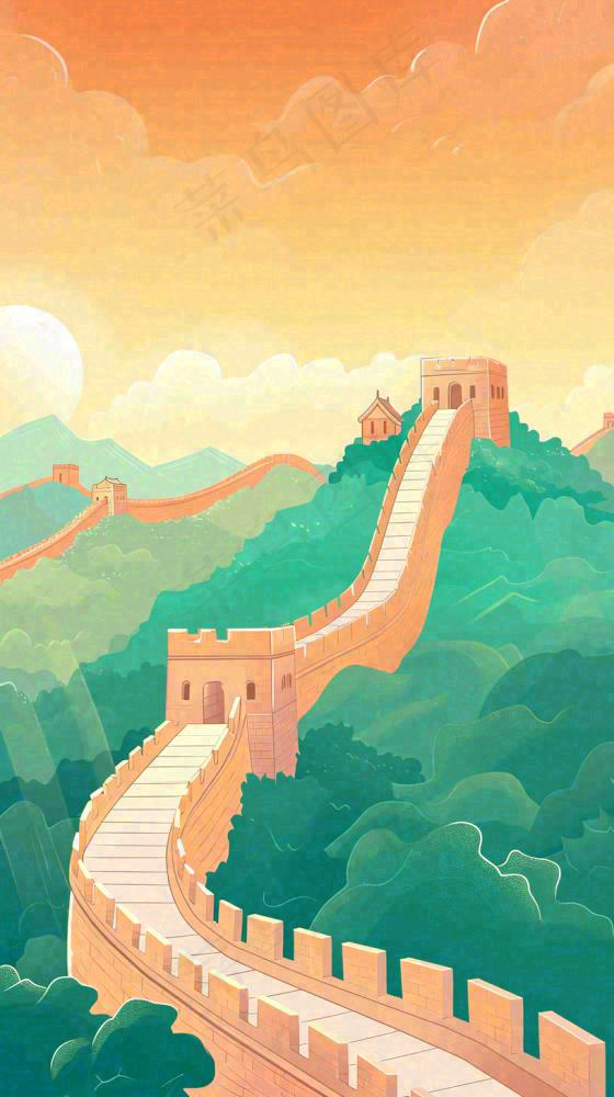 万里长城中国历史建筑扁平插画手绘，简约大气中国风(816x1456)