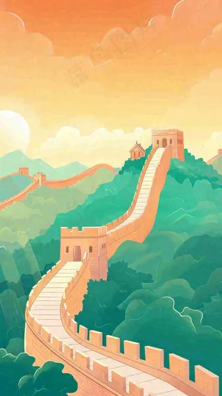 万里长城中国历史建筑扁平插画手绘，简约大气中国风