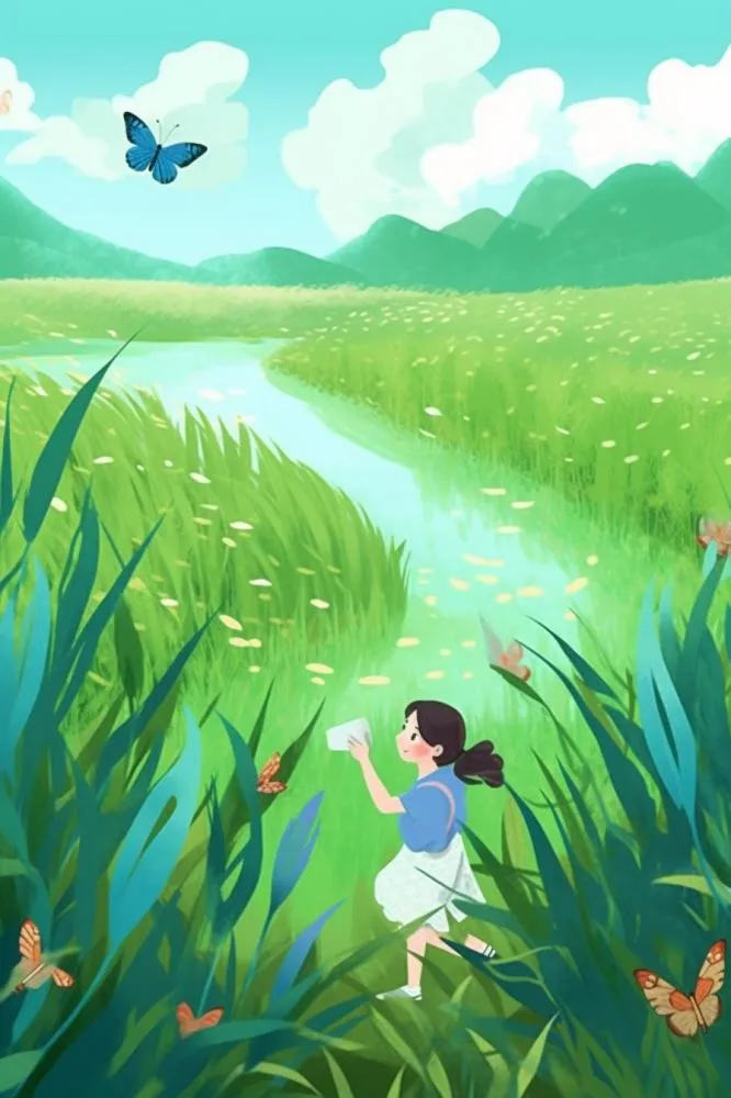 手绘插画春天绿色草地蝴蝶和小女孩背景(896x1344)