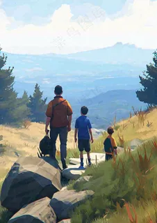 户外郊外徒步登山运动探险旅行手绘插画，健身健康