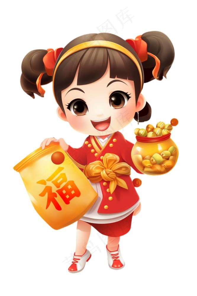 春节卡通儿童抱福袋元素(896x1344)