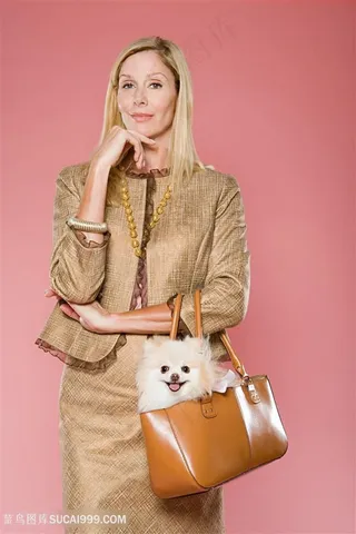 高清美女与手提包里博美犬狗狗图片
