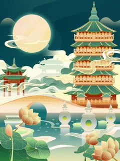 中国风国潮古建筑地标城市古风建筑阁楼印象地标手绘插画PSD素材