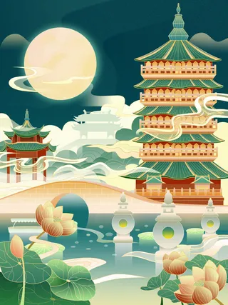 中国风国潮古建筑地标城市古风建筑阁楼印象地标手绘插画PSD素材