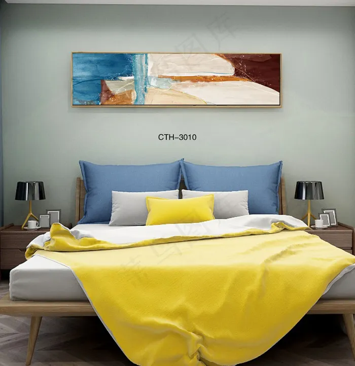 大气时尚家居室内装饰场景卧室床铺壁画背景图背景效果图现代简约抽象画