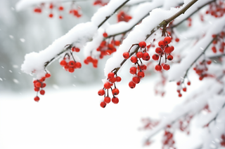 冬季红色果子的树枝上挂满了白雪雪景摄影图