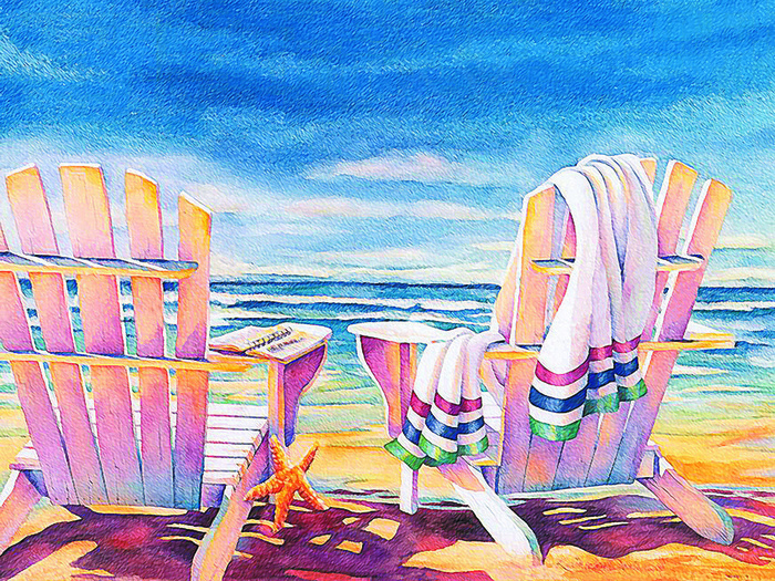 海景沙滩椅油画风景