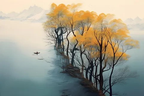 秋叶树木河面俯视摄影