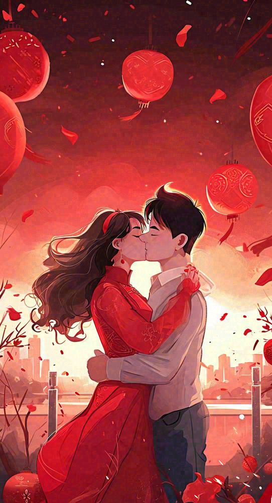 烟花中情侣在情人节的夜晚里拥抱亲吻，红色爱心气球爱情甜蜜(765x1411)
