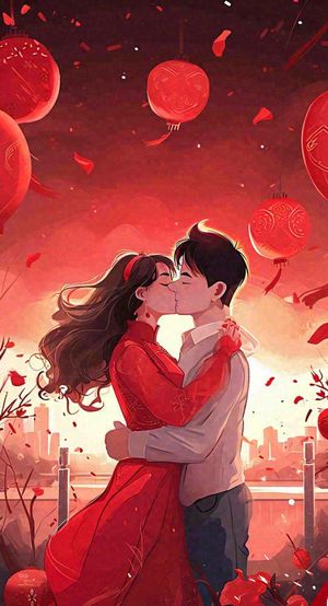 烟花中情侣在情人节的夜晚里拥抱亲吻，红色爱心气球爱情甜蜜