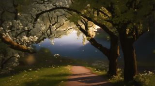 大气写意色块风景插画壁纸背景-小路梨花树与湖