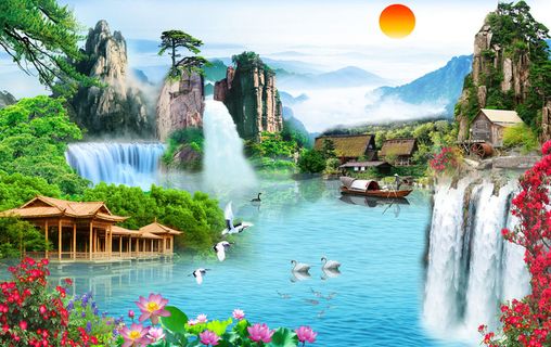 流水生财山水荷花小船风景