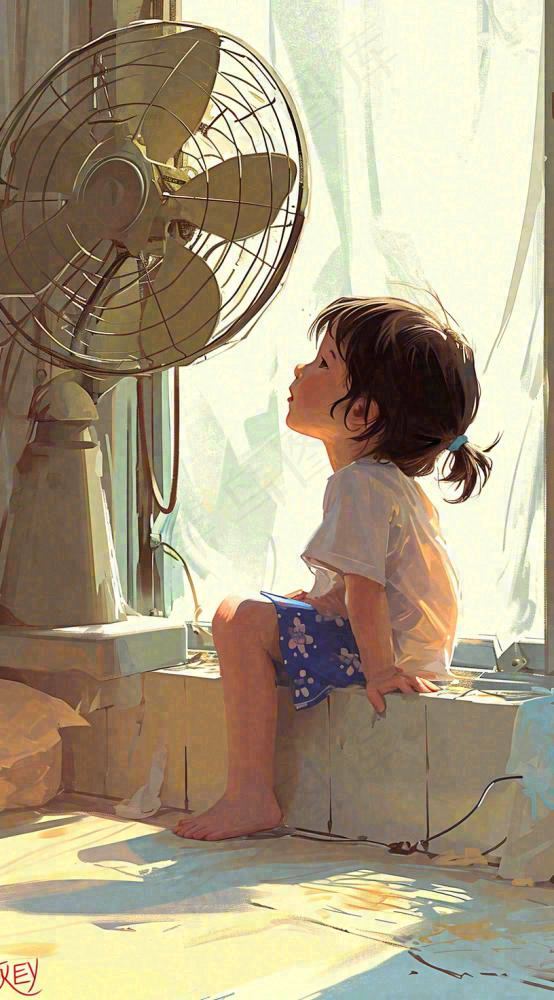 儿童在家吹风扇，夏天炎热清爽手绘插画，夏至小暑暑期(816x1472)