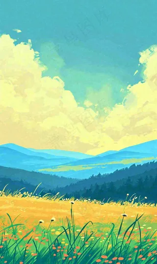 蓝天白云草地山脉插画手绘
