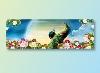 高贵典雅孔雀鲜花月亮水彩手绘图片