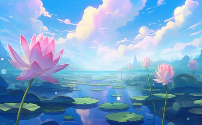 夏日荷花池塘天空插画背景(1392x864)