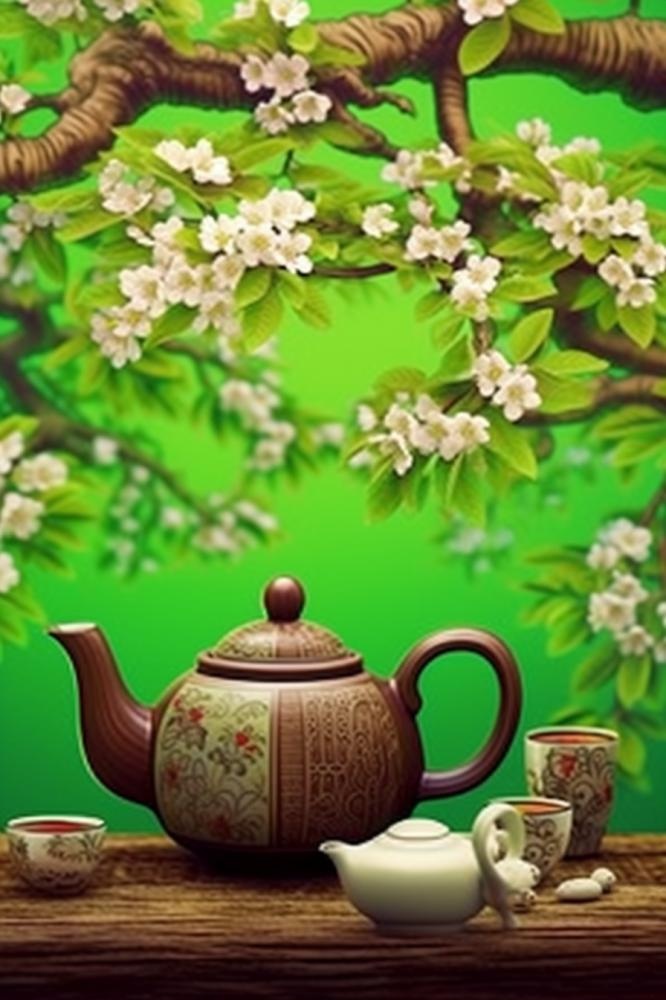 茶壶杯子梨花绿色背景